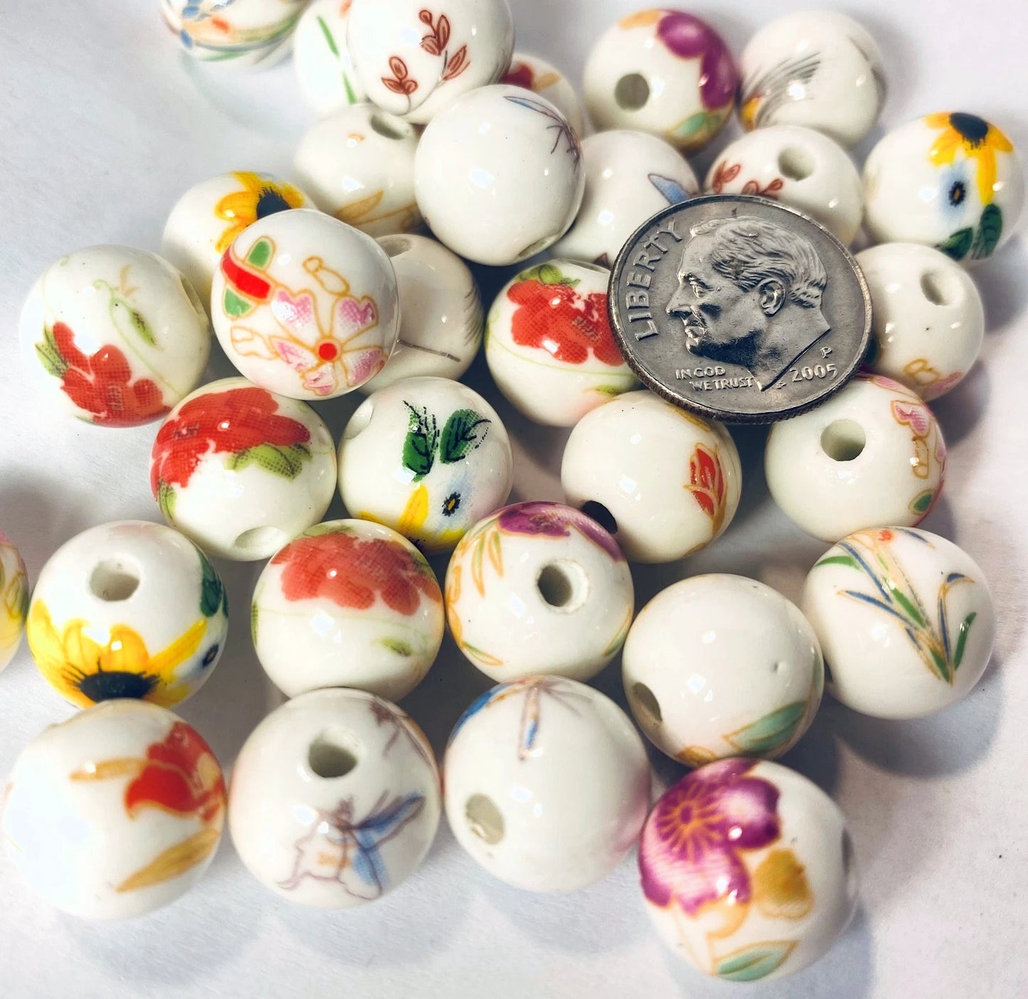 Handmade Porcelain Floral Round Bead Mix, 12mm, 32 pcs