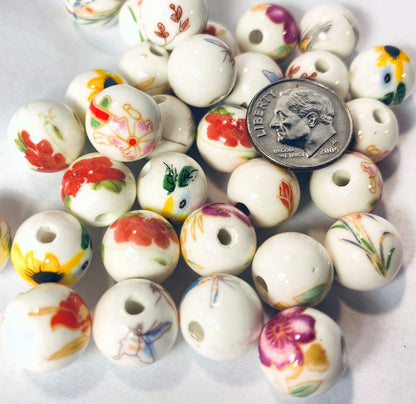 Handmade Porcelain Floral Round Bead Mix, 12mm, 32 pcs