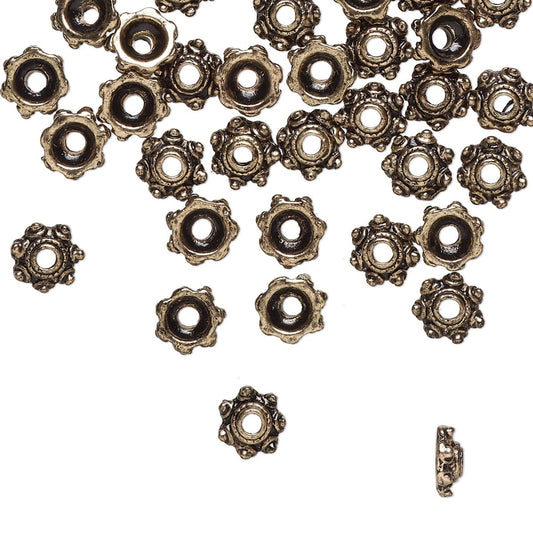 Antiqued Gold Pewter Beaded Round Bead Caps, 6x2mm, 24 pcs