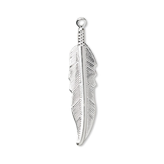 A silver feather pendant charm with detailed textured barbs and a hanging loop at the top, shown on a plain white background.