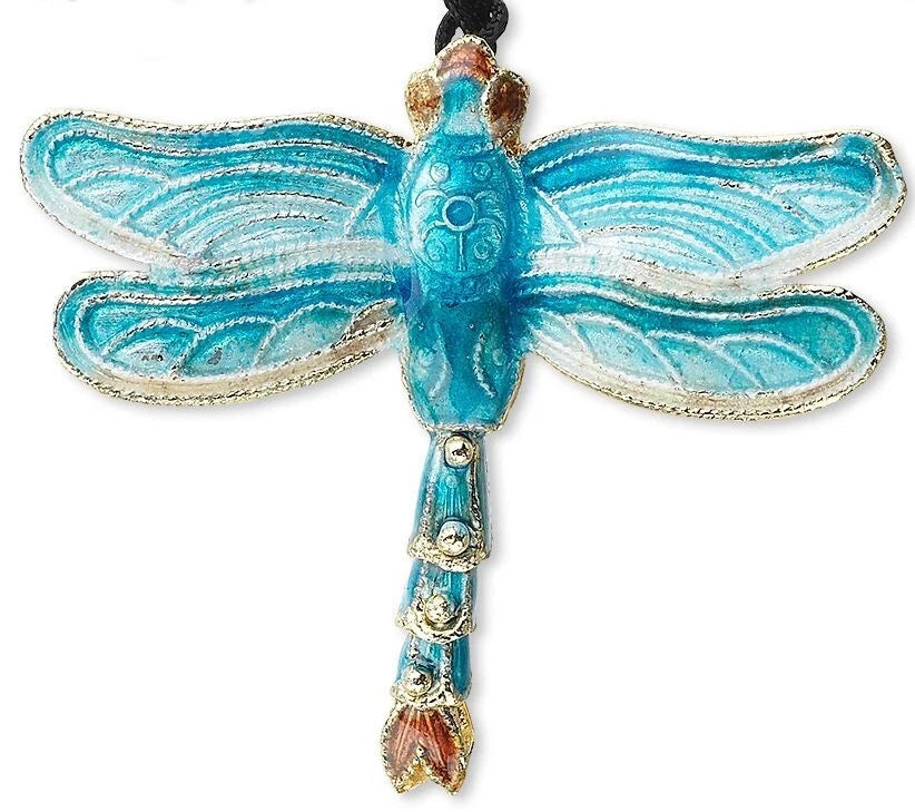 Pendant, 1 Cloisonné Copper 52x47mm (approx. 2 x 1-7/8 inch) Aqua Blue Dragonfly with Black Cord