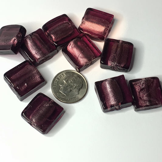 Lampworked Glass Amethyst Purple Silver Foil Square Beads, 15mm, 10 pcs