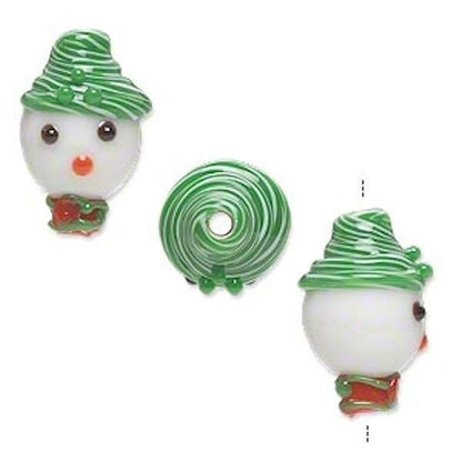 Lampwork Glass Snowman with Green Hat 18x12mm Beads, 2 pcs