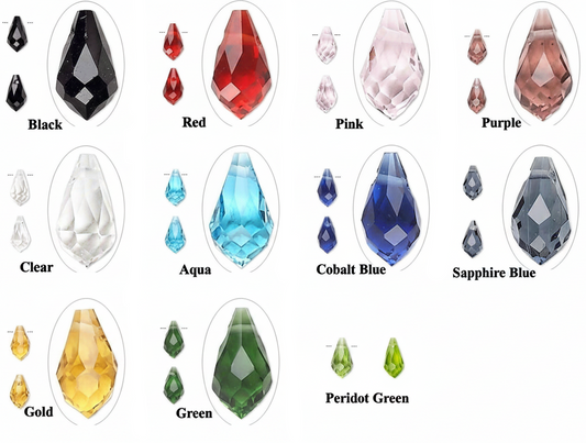 A color-options chart showing faceted teardrop gemstones in multiple colors, including Black, Red, Pink, Purple, Clear, Aqua, Cobalt Blue, Sapphire Blue, Gold, Green, and Peridot Green, each with a large main stone and smaller size variants.