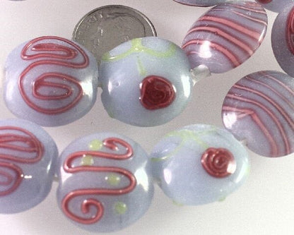 Lampwork Glass Gray & Pink 20x10mm Puffy Coin Beads, 10 pcs