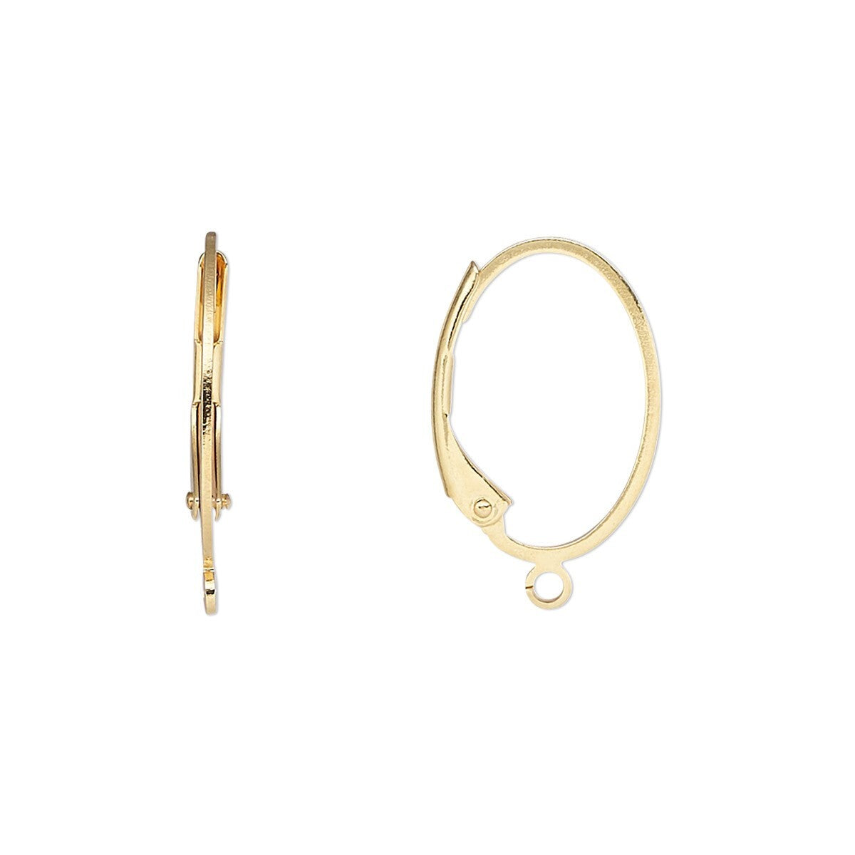A pair of gold hoop earrings shown on a plain white background, with one earring viewed from the side and the other from the front showing the latch closure.