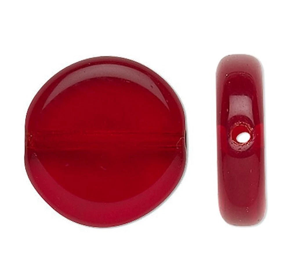 Bead, Transparent Ruby Red Czech Pressed Glass 10mm Flat Round Beads