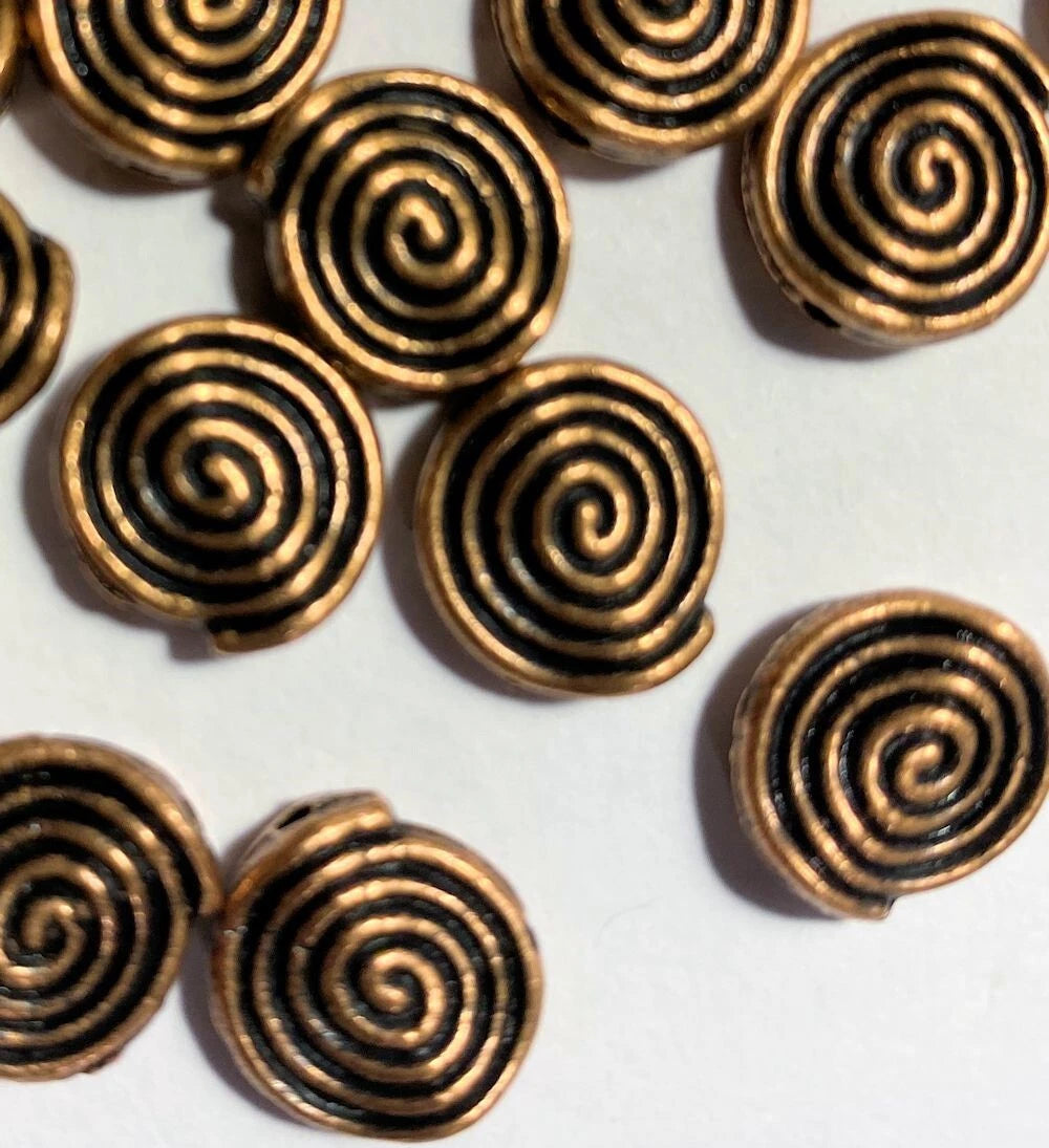 Antiqued Copper Plated Double-Sided Spiral Flat Coin Beads, 11x4mm, 20 pcs