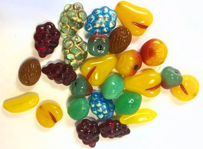 Bead Mix, 24 Glass Fruit Beads Bananas Grapes Pear Apples Limes Melons & More *