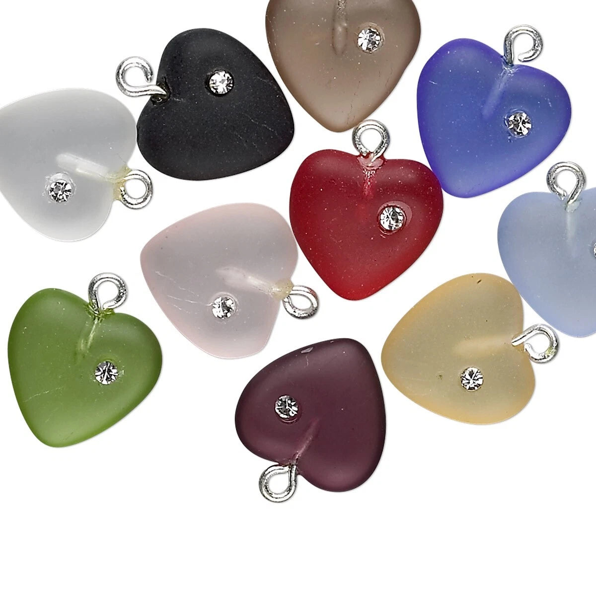 Czech Frosted Glass Heart Charms with Cubic Zirconia, 11mm, Assorted Colors, 10 pcs