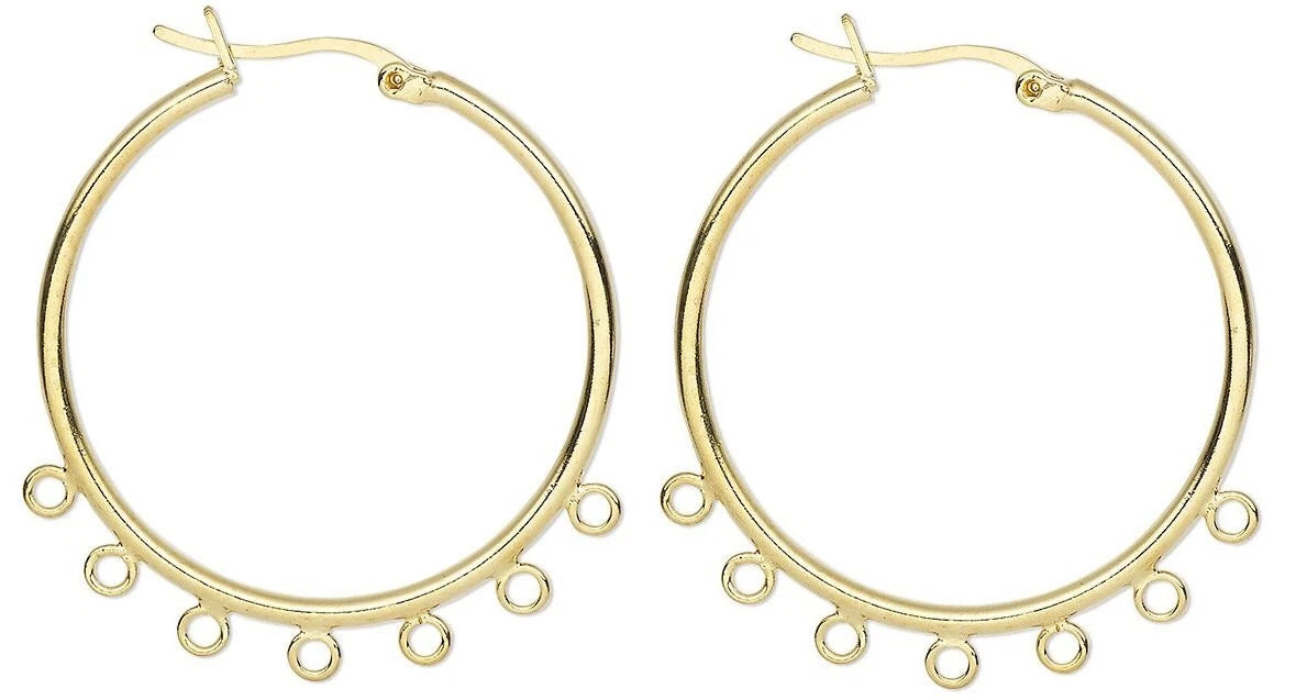 Gold Plated Brass Beading Hoop Earrings, 32mm, 7 Loops, Latch Closure, 10 pcs