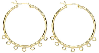 Gold Plated Brass Beading Hoop Earrings, 32mm, 7 Loops, Latch Closure, 10 pcs