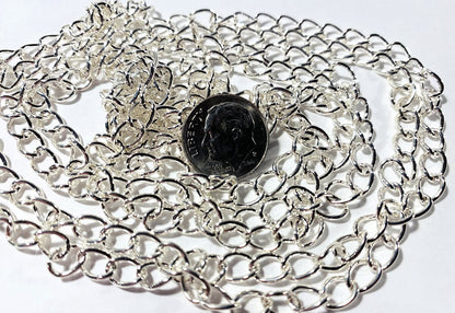 A close-up of a silver-toned chain necklace with a dark oval pendant, photographed on a plain white background. A coin is placed in the center for scale.