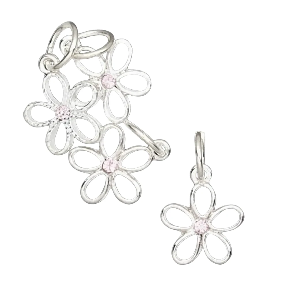 Silver-Plated Pewter Flower Charms with Swarovski Lilac Crystal, 20x13mm, 4 pcs