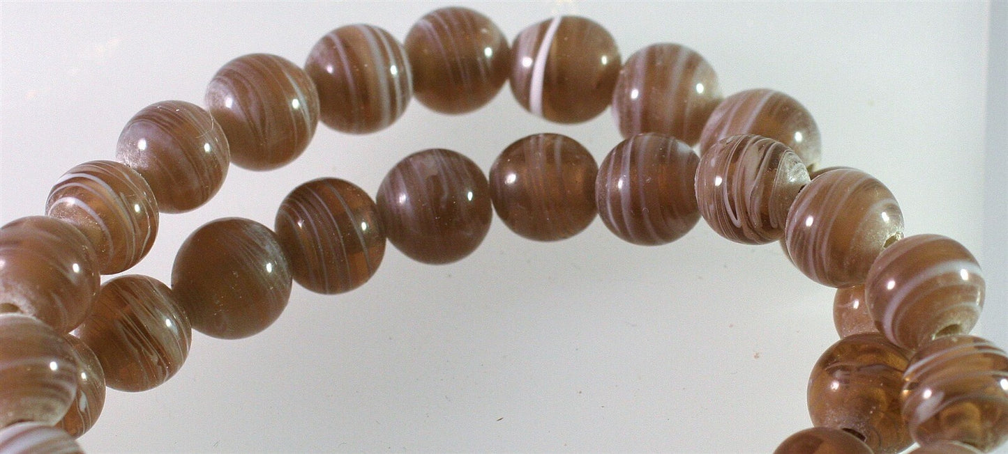 Lampwork Glass Brown White Swirl 9-10mm Round Beads, 1 Strand (approx. 38-42)