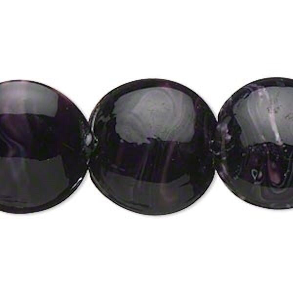 Lampwork Glass Dark Purple White Swirl 18-21mm Puffed Coin Beads, 1 Strand (approx. 19-21)