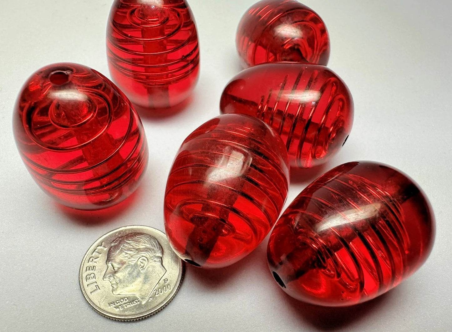 Red Resin Oval Beads with Gold Wire Spiral, 28x21mm, 6 pcs