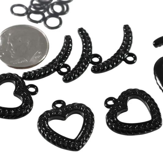 Black Enameled Pewter Heart Toggle Clasps with Jump Rings, 17mm, 4 Sets