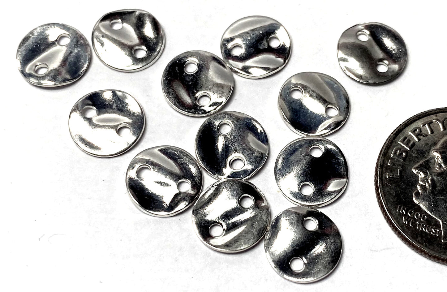 Beadsmith Silver Plated Hammered Round Disc 2-Hole Connectors, 8mm, 12 pcs