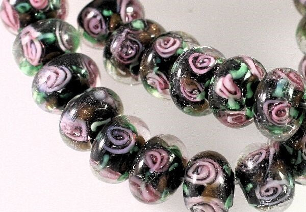 Lampwork Glass Multicolor Pink Floral 12x7mm Rondelle Beads, 12 pcs