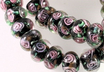 Lampwork Glass Multicolor Pink Floral 12x7mm Rondelle Beads, 12 pcs