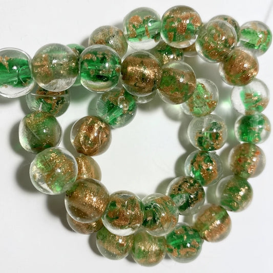 Lampworked Glass Clear Green & Copper Foil Beads, 11-12mm, 1 Strand (approx. 34-37)