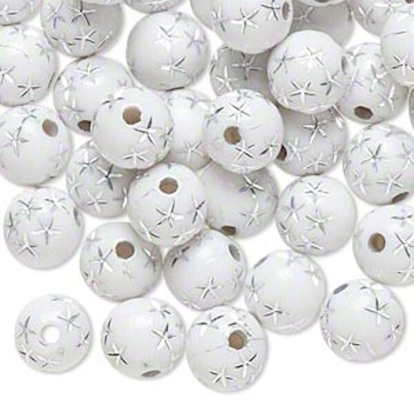 Acrylic Round Beads with Silver Stars, 8mm, 50g (approx. 160–180 pcs)