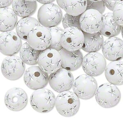 Acrylic Round Beads with Silver Stars, 8mm, 50g (approx. 160–180 pcs)