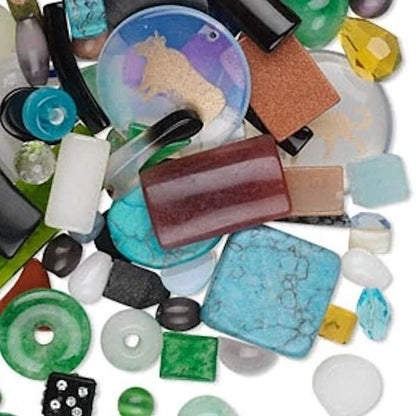 Gemstone & Glass Component Mix, Assorted Colors & Shapes, 1/2 lb (approx. 200–600 pcs)