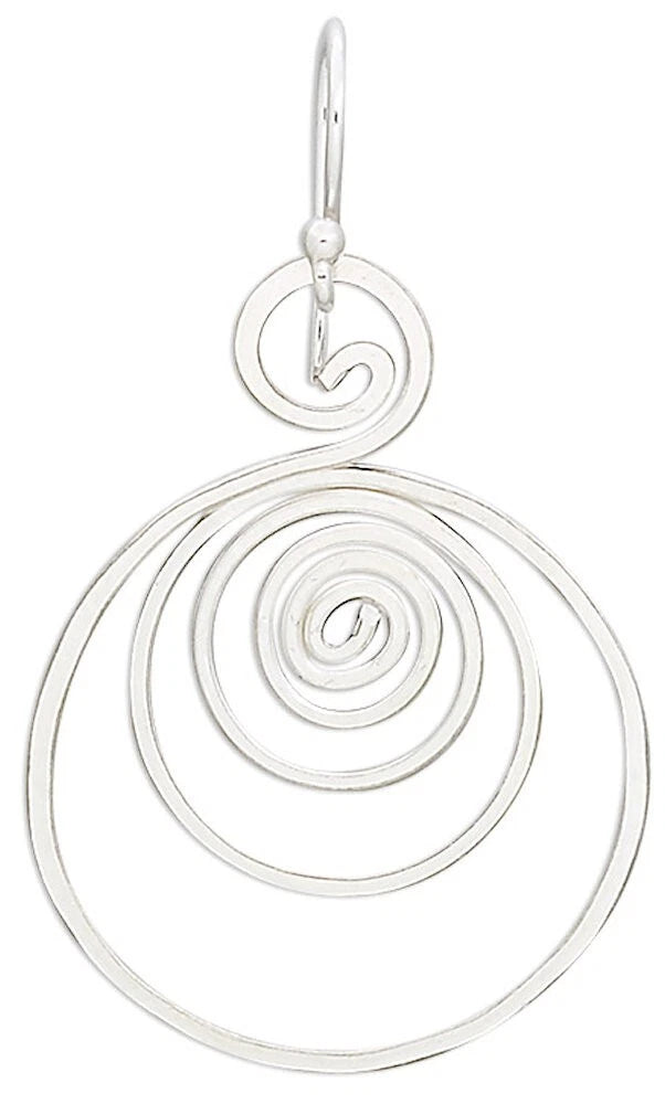 A silver spiral drop pendant with concentric circular loops and a small top loop, shown on a plain white background.