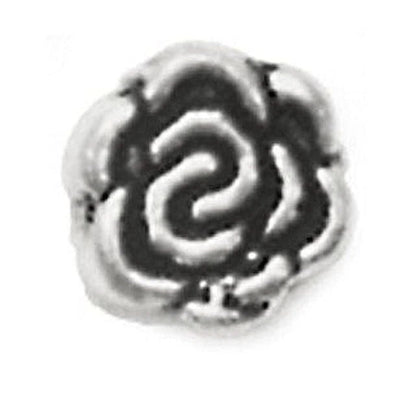 A small metallic charm shaped like a spiral path inside a flower, shown on a plain white background with the text 'The Mystical Garden Path' underneath.