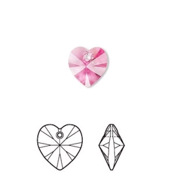 Swarovski Rose Pink Crystal Heart Pendants, 10x10mm, 2 pcs (Style 6228)