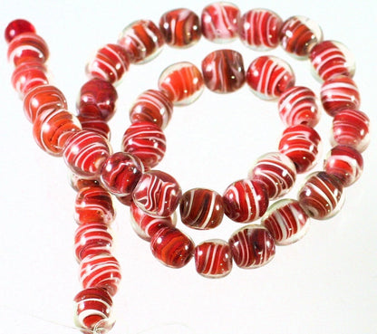 Clear, Red & White Swirl Lampworked Glass Beads, 10mm, 1 Strand (approx. 38-40)