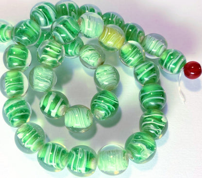 Green Swirl Lampwork Glass Round Beads, 1 Strand (approx. 34-36)