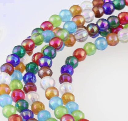 Pressed Glass Assorted Rainbow Round Beads, 4mm, 1 Strand (approx. 252)