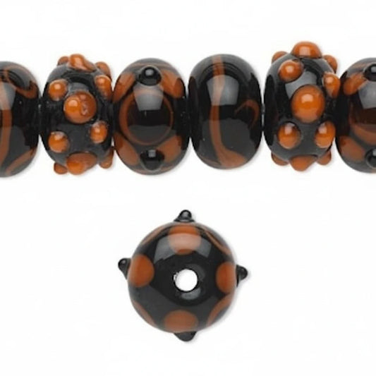 Lampwork Glass Bumpy Rondelle Beads, Black & Orange, 20 pcs