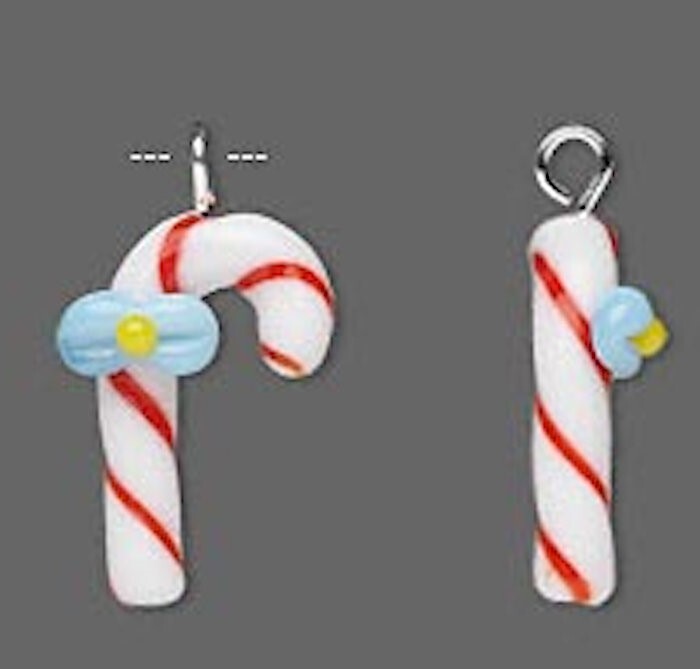 Lampwork Glass Candy Cane Charms, 16x10mm, 2 pcs