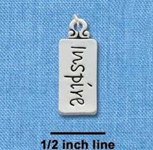 Silver Plated Pewter "INSPIRE" Word Tag Charm with Jump Ring, 9x22mm