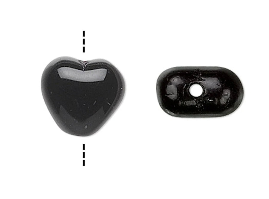 Czech Opaque Black Pressed Glass Heart Beads, 8mm, 1 Strand (approx. 50)
