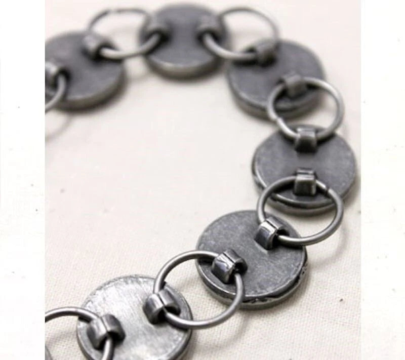 Antiqued Silver Round Bezel Linked Bracelet, 1/2 inch Bezels, 7.5 inch