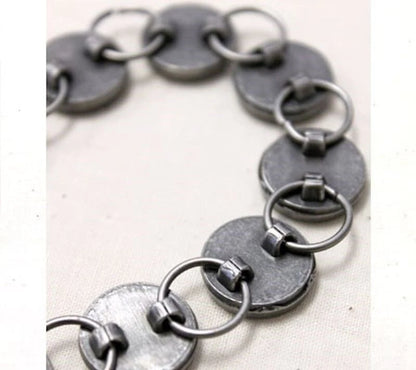 Antiqued Silver Round Bezel Linked Bracelet, 1/2 inch Bezels, 7.5 inch