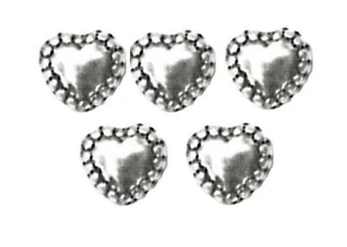 Five silver heart-shaped charms with beaded borders arranged on a white background, with the text 'The Mystical Garden Path' underneath.