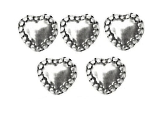 Five silver heart-shaped charms with beaded borders arranged on a white background, with the text 'The Mystical Garden Path' underneath.