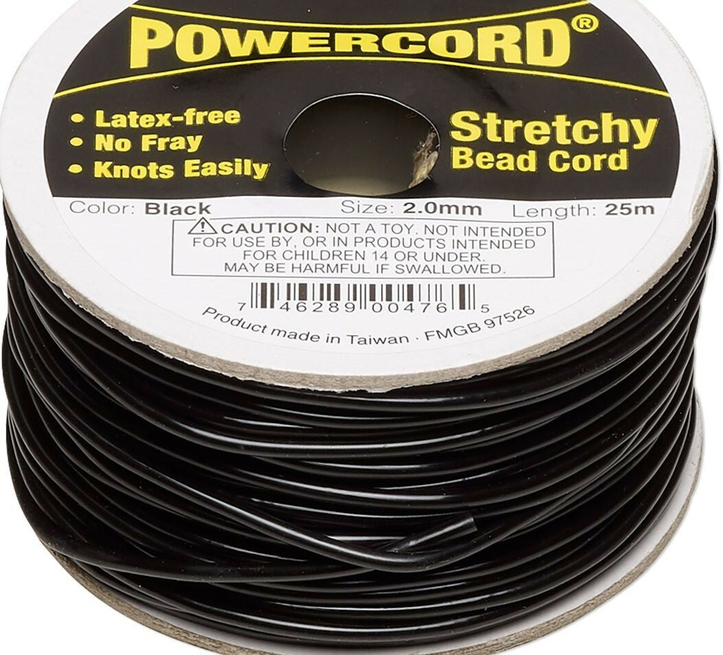 Powercord Black Latex-Free Elastic Stretch Cord 2mm 25 Meter Spool