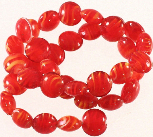Lampworked Glass Orange-Red Swirl 11-12mm Puffed Coin Beads, 1 Strand (approx. 35-37)
