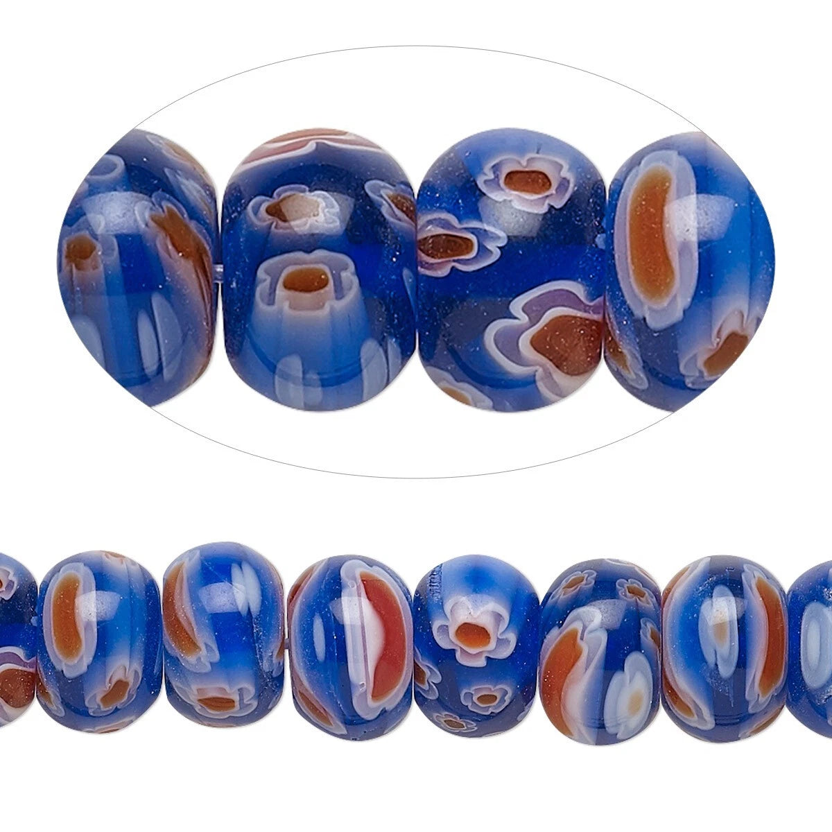 Blue glass beads with white and RED patterns on a white background