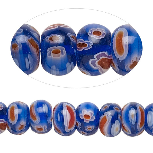 Blue glass beads with white and RED patterns on a white background