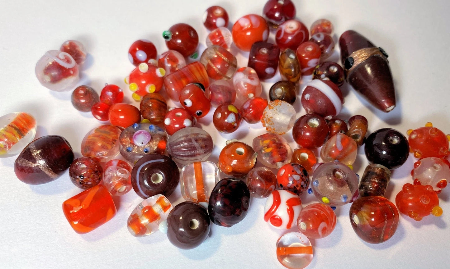 Lampworked Glass Bead Mix, Red Tones, 7x4mm–20x11mm, 3 oz (approx. 60–80 pcs)