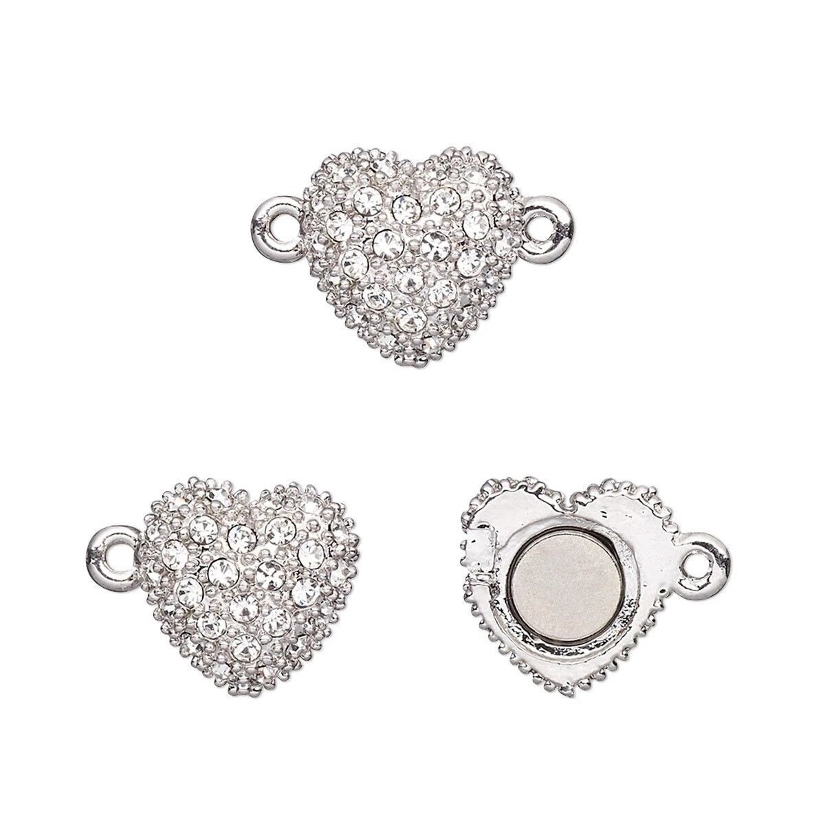 Rhodium Plated Pewter Crystal Heart Magnetic Clasp, 12x12mm - 1 set