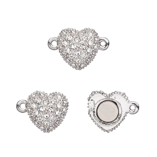 Rhodium Plated Pewter Crystal Heart Magnetic Clasp, 12x12mm - 1 set